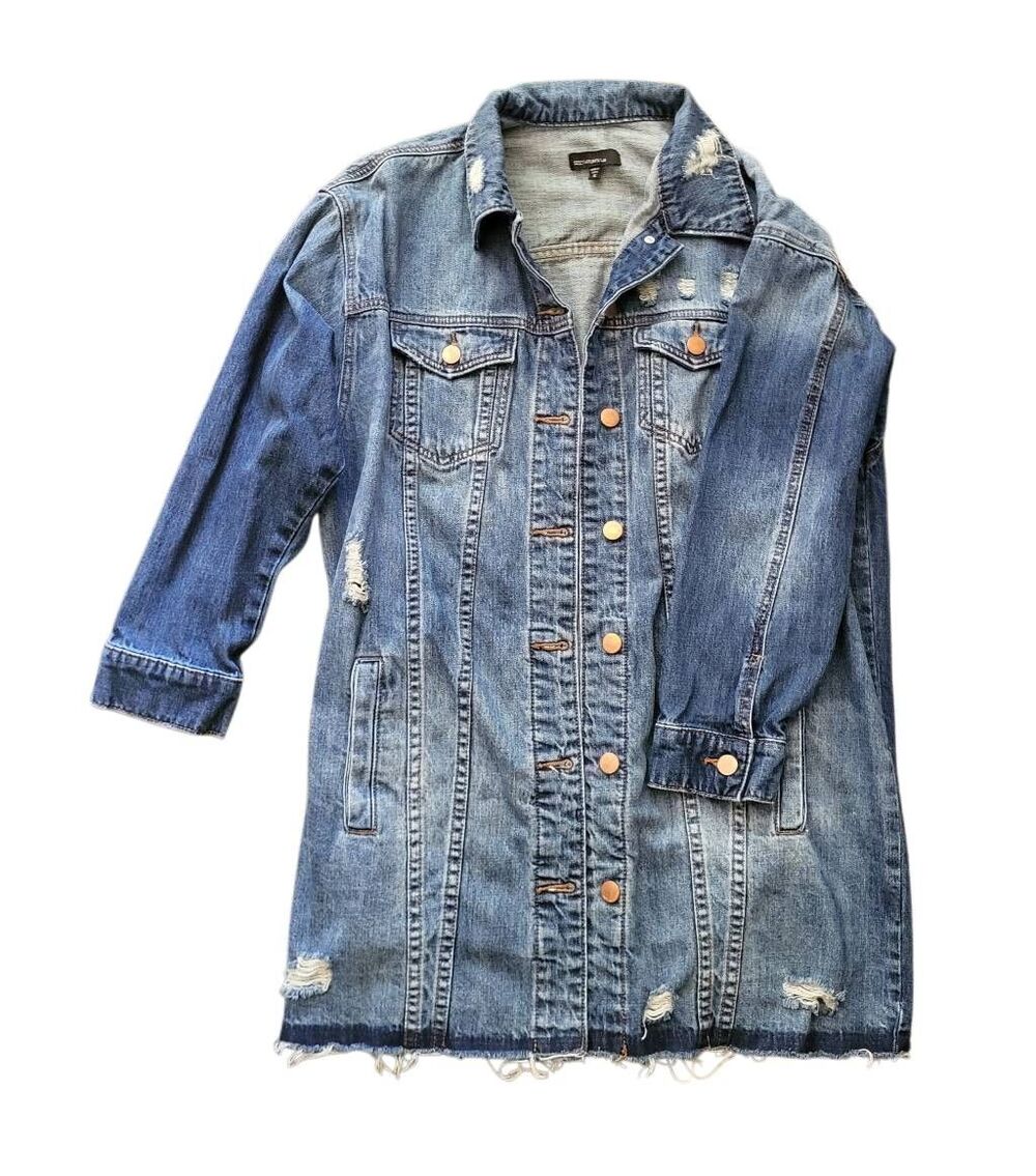 See Thru Soul Jacket Women's Small Blue Denim Long Distressed Button Down Boho